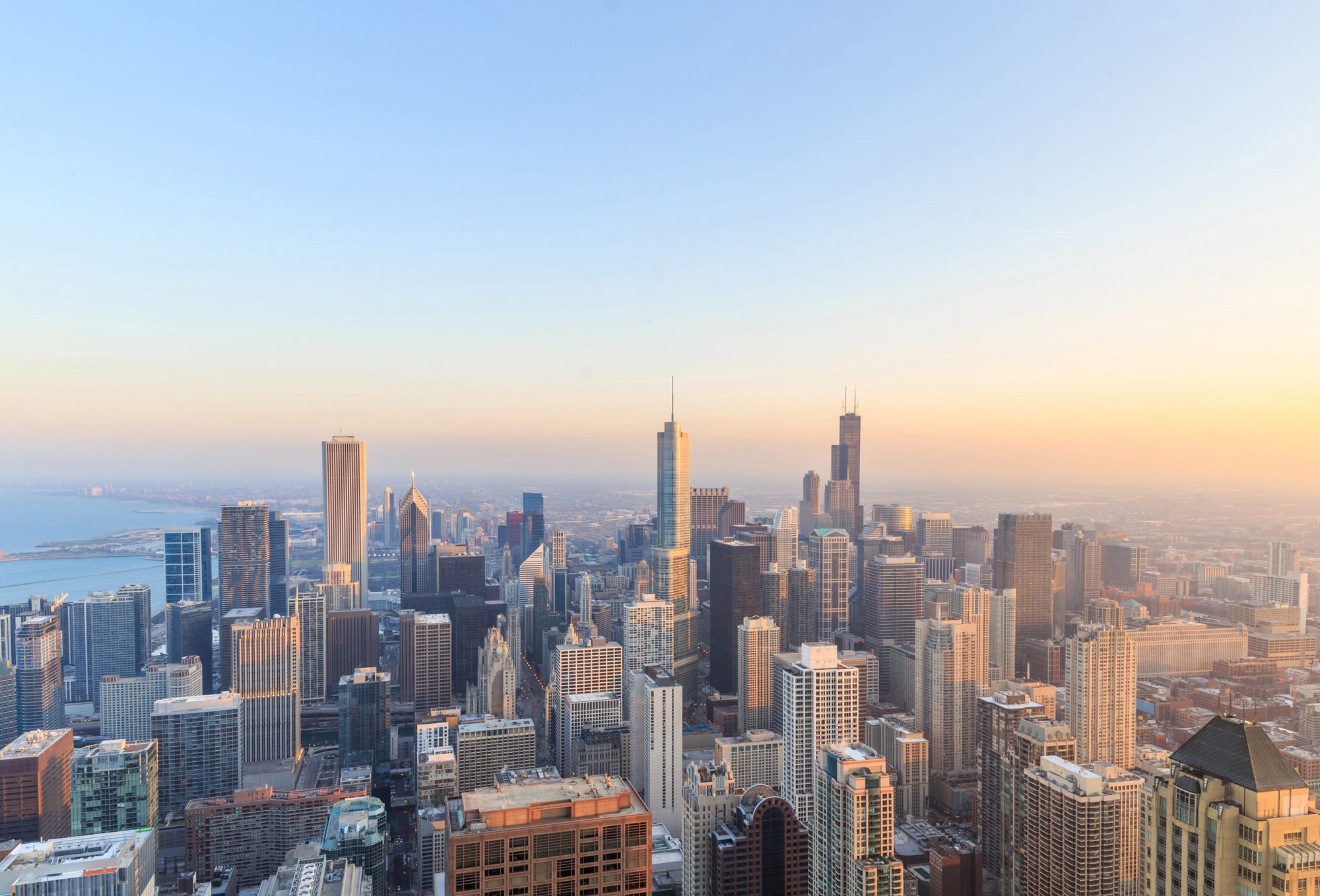 Aerial view of Chicago downtown at sunset
