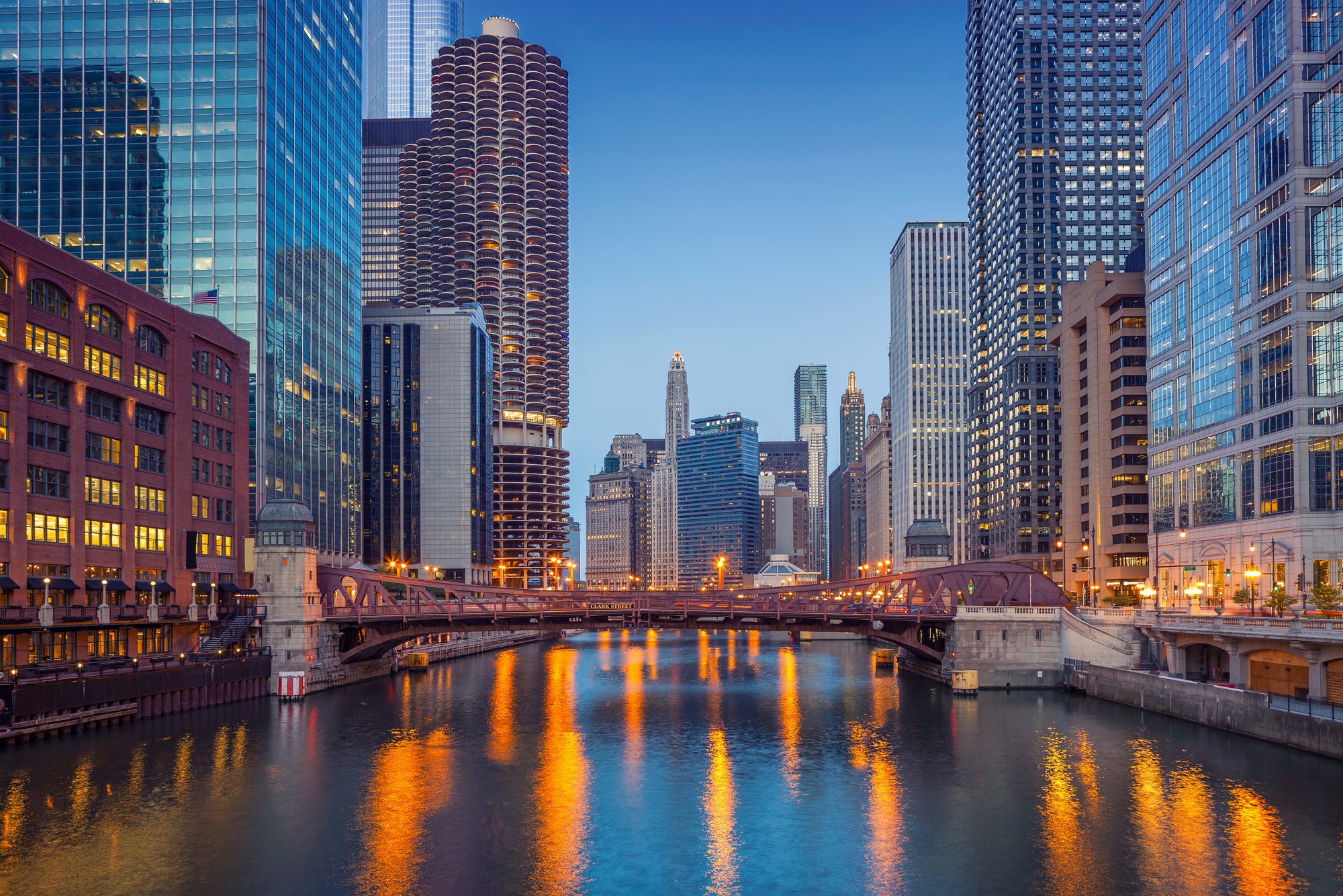 Cityscape image of Chicago downtown during twilight blue hour